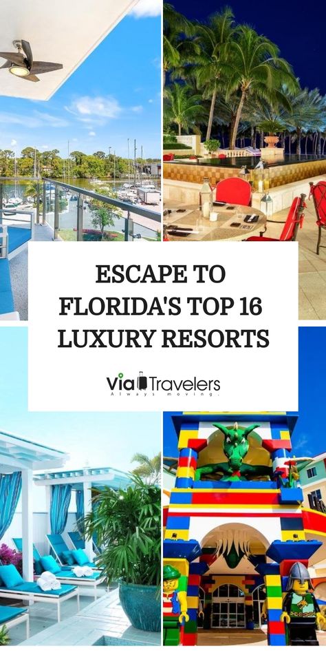 Collage of luxury resort images featuring a balcony view with marina, a cozy outdoor dining area, and colorful water slides for kids. Resorts In Florida, Florida Resorts, Florida Hotels, Luxury Resorts, Best Resorts, Best Vacations, Luxury Resort, Travel Lifestyle, Best Hotels