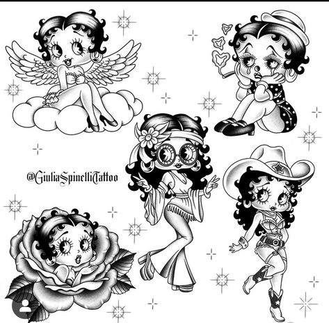 American Traditional Betty Boop Tattoo, Black Pinup Tattoo, Cowgirl Betty Boop, Betty Boop Sketch, 90s Cartoon Tattoos Ideas, Betty Boop Tattoo Ideas, Simple Unique Tattoos, Betty Boop Tattoo, Betty Boop Tattoos