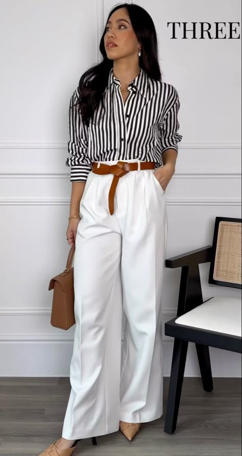 Off White Slacks Outfit Women, Business Casual Resort Wear, Date Night Outfit Flats Shoes, Dressy Outfits With Pants, White Pants Outfit Summer Classy, White Pants Work Outfit, White Pants Outfit, Look Office, Stylish Work Attire