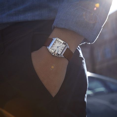 LIST: 4 reasons why the Santos de Cartier is one of this year’s most effortlessly masculine watches | Time and Tide Watches Cartier Santos Watch, Watch Outfit, Cartier Watches Mens, Watch Ads, Fashion Bible, Time And Tide, Wrist Candy, Cartier Santos, Cartier Watch