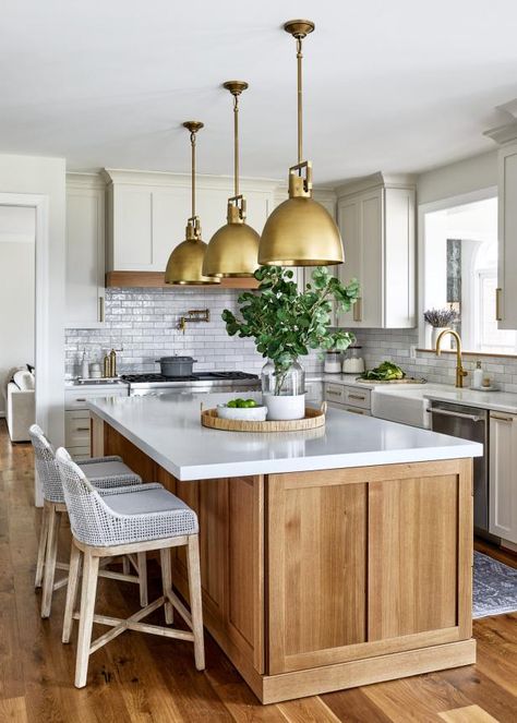 Contemporary Kitchen With Bronze Pendant Lights | HGTV White Kitchen Traditional, Hgtv Kitchens, White Oak Kitchen, Wood Kitchen Island, Gold Kitchen, Oak Kitchen, Kitchen Remodel Idea, Traditional Kitchen, Wood Kitchen