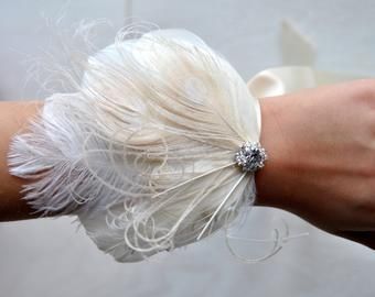 This item is unavailable Wedding Wristlet, Feather Corsage, Bride Corsage, Wedding Wristlets, Wristlet Corsage, Wrist Corsage Prom, Wedding Themes Ideas, 20s Wedding, Great Gatsby Fashion