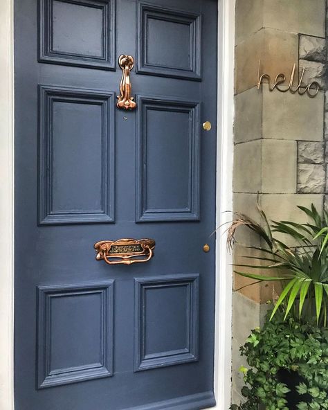 French Blue Doors Front Entrance, Pastel Blue Front Door, Deep Blue Front Door, Slate Blue Front Door, Hague Blue Front Door, French Blue Front Door, Blue Front Door Paint Colors, Front Door Colour Ideas, Dark Blue Front Door