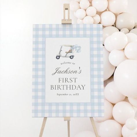 $44.2 | Blue Gingham Golf Birthday Welcome Sign - blue gingham, script calligraphy, classic elegant vintage, welcome sign, golf cart, boy birthday, golf birthday, blue plaid, 1st birthday, sports birthday 1st Birthday Golf Theme, Vintage Welcome Sign, Golf First Birthday, Birthday Golf, Birthday Welcome Sign, Golf Theme, Golf Birthday, Sports Birthday, Baby First Birthday