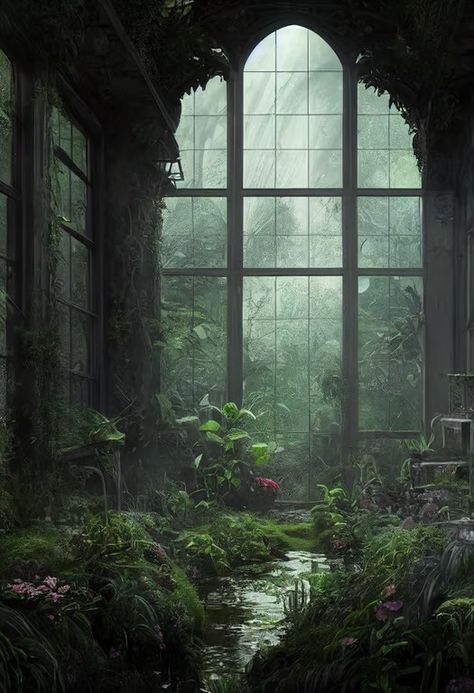 Dark Academia Scenery, Overgrown Library Aesthetic, Creepy Greenhouse, Forest Aesthetic Room Decor, Spooky Green Aesthetic, Deep Green Aesthetic Vintage, Overgrown City Aesthetic, Old House Aesthetic Dark, Green Gothic Aesthetic