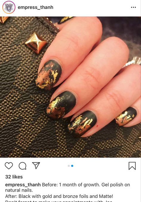 Matte black nails gold foil bronze foil tape fall autumn Fall Nails With Foil Flakes, Copper And Black Nails, Black And Bronze Nails, Fall Foil Nails, Dog Nail Art, Black Gold Nails, Bronze Nails, Popular Nail Art, Matte Black Nails