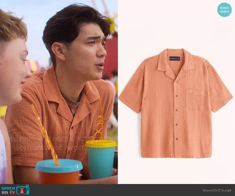 Tao’s orange button down shirt on Heartstopper.  Outfit Details: https://wornontv.net/467238/ Tao Xu Heartstopper, Tao And Elle Heartstopper, Tao From Heartstopper, Heartstopper Elle And Tao, Chic Orange Button-up Top, Generation Gap, Paris Family, Lacey Chabert, Kimmy Schmidt