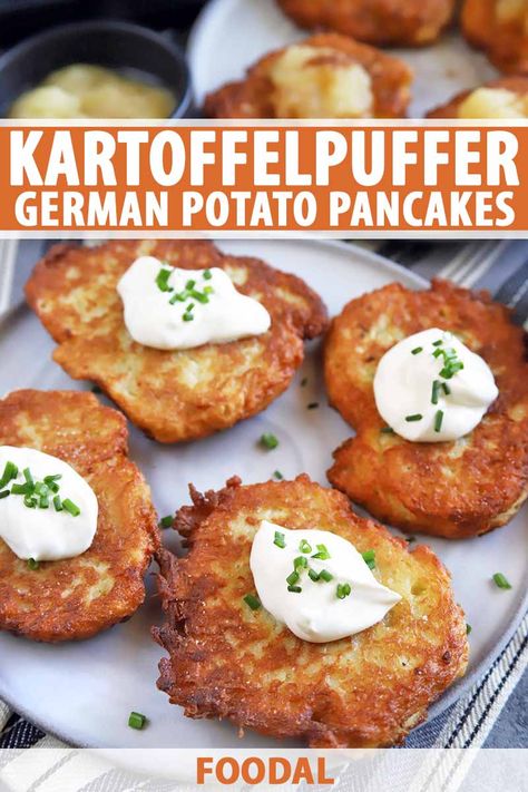 Oktoberfest is the time of year to raise a mug of beer and chow down on kartoffelpuffer, also known as German potato pancakes. Crispy outside and fluffy on the inside, this dish is pure starchy goodness paired with sour cream and chives or applesauce. Read more. #foodal #oktoberfestrecipe #potatopancakes #germanrecipes Popular Crock Pot Recipes, Vegetarian Oktoberfest Food, Authentic German Appetizers, Vegetarian German Recipes, German Vegetarian Recipes, Octoberfest Meals, German Recipes Authentic, Pancakes Crispy, Oktoberfest Recipes