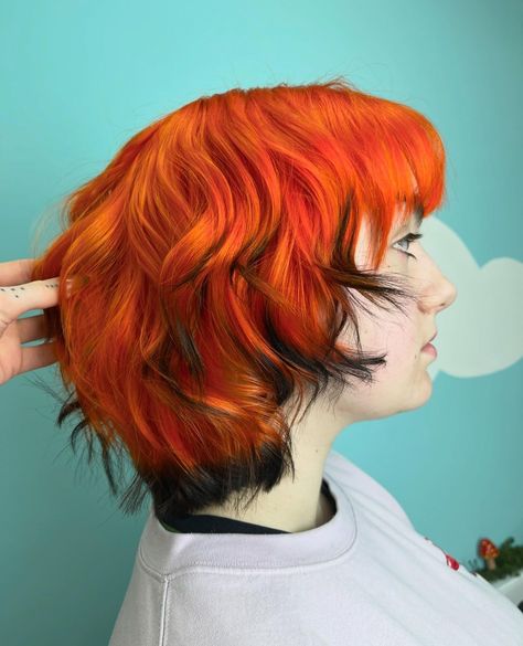 Sign us up for an Electric Tiger Lily transformation 🐯🔥 Extremely bold and extremely bright, that's what we look for in our orange semi-permanent hair dyes 🍑  @hairbygeorgiaa_ 🐯  #manicpanic #manicpanicprofessional #hair #haircare #hairstylist #hairinspo #healthyhair #hairstyles #hairsalon #crueltyfreebeauty #haircolor #veganhair #crueltyfreehairdye #saloninternational Sunset Colored Hair, Brown Hair With Orange Tips, Tiger Hair Color, Orange Blue Hair, Fox Dyed Hair, Purple And Orange Hair, Orange And Red Hair, Dyed Ginger Hair, Orange Hair Short