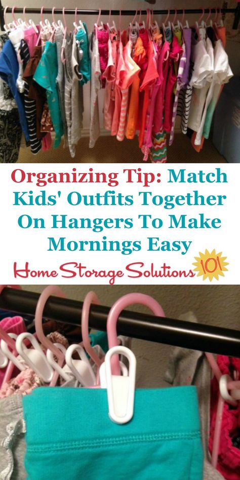 Closet organizing tip for kids: Clip the two parts of their outfit together on a hanger so your kids match, but they're able to choose what they'd like to wear each day {on Home Storage Solutions 101} Pumping Moms, Organizing Hacks, Organisation Hacks, Fantastic Baby, Baby Sleep Problems, Nursery Organization, Baby Massage, Baby Tips, Baby Must Haves