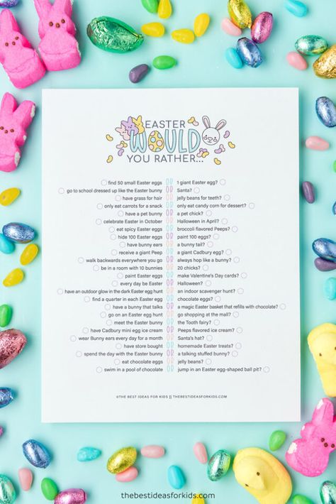 Easter Would You Rather Printable Checklist Easter Would You Rather For Kids, Free Easter Activity Printables, Easter Mad Libs Free Printable, Easter Mad Libs, Easter Write The Room Free, Peeps Flavors, Recess Activities, Giant Easter Eggs, Easter Crafts Preschool