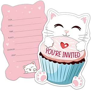 RZHV 15 Pack White Cat and Meow Cupcake Shaped Fill-In Invitations Cards With Envelopes for Boys & Girls Adults, Funny Baby Shower Birthday Party Bridal Shower Wedding Party Invite, Party Supplies Wedding Party Invite, Funny Invitations, Cat Invitations, Wedding Party Invites, Birthday Supplies, Cards With Envelopes, Invitation Sizes, Party Invite Template, Funny Baby