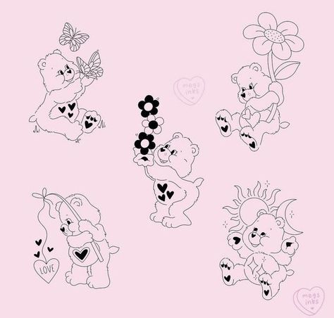 Care Bear Tattoos For Women, Tender Heart Bear Tattoo, Tattoo Ideas Carebear, Tiny Care Bear Tattoo, Matching Care Bear Tattoos, Carebear Tattoo Ideas, Carebear Tattoo Small Outline, Love A Lot Care Bear Tattoo, Care Bear Outline