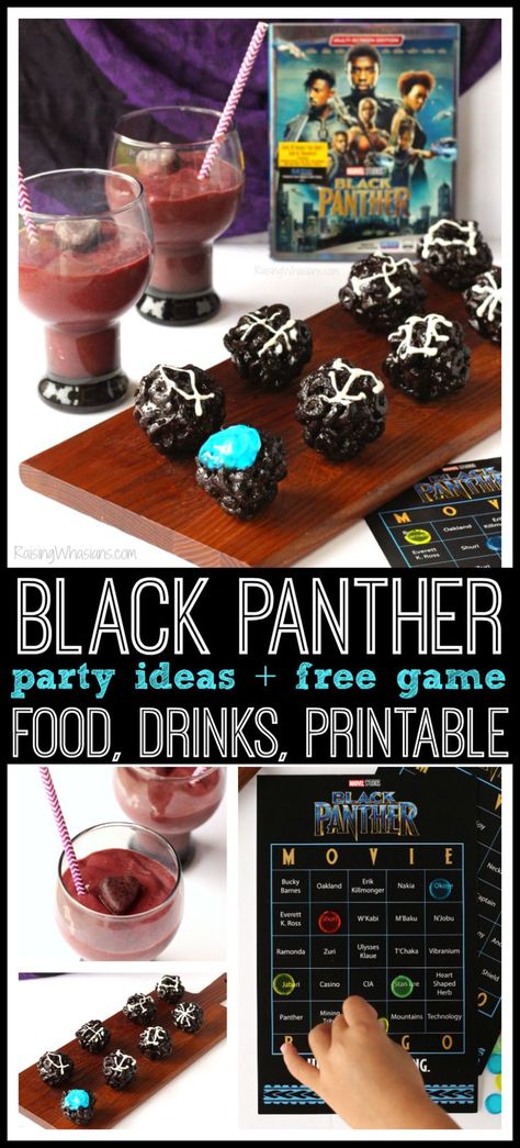 Black Panther Party Ideas | Party food, drinks, FREE printable game & more. Perfect for family movie night or kids birthday party #BlackPanther via @raisingwhasians (AD) Black Panther Party Ideas, Marvel Recipes, Wakanda Party, Marvel Marathon, Black Panther Birthday Party, Birthday Movie Night, 2023 Oscars, Slumber Party Games, Movies For Boys