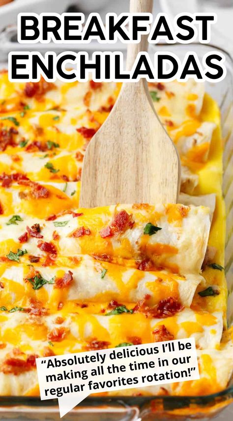 Assemble these overnight breakfast enchiladas the night before and bake in the morning! Tortillas are stuffed with sausage, potatoes, and cheese then covered in a creamy egg sauce, it’s super easy and delicious!