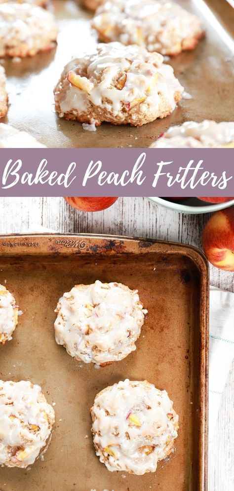 Baked peach fritters on a baking sheet Peach Fritters, Baked Peach, Desserts Healthy, Fritters Recipe, Healthy Summer Desserts, Peach Desserts, Baked Fruit, Popular Desserts, Easy Summer Desserts