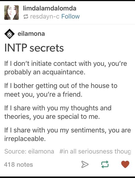 #INTP Oh my goodness, this is accurate beyond belief. It fails to recognize that moving DOWN the hierarchy can occur...it's not difficult to go from irreplaceable to acquaintance. And I won't forget! Everything Is Meaningless, Intp Entp Friendship, Intp Friendship, Istp Intp Friendship, Intp And Intj Friendship, When An Intp Likes You, Intp Relationships, You Know You're An Intp When, Intp Female