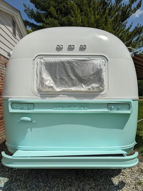 Airstream Argosy Travel Trailer Renovation Exterior Paint Update Airstream Exterior Ideas, Painted Airstream Exterior, Rv Exterior Remodel, Renovation Exterior, Rv Exterior, Airstream Remodel, Airstream Trailers For Sale, Airstream Interior, Airstream Renovation