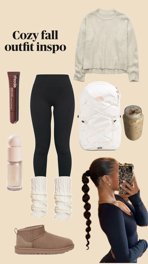 Fall / autumn / winter outfit inspiration that is perfect for school or fall weather! Outfit features Ugg boots, leggings, sweater, leg warmers, north face backpack, Rhodes lip balm, and rare beauty. #Halloween #fallreset24 #fit #makeup #hair #warm #fallvibes Ugg Boots Outfit Leggings, Leg Warmers Outfit, Outfit With Uggs, Ugg Boots Outfit, Outfit Leggings, Fall Outfit Inspiration, Winter Outfits For School, Cozy Fall Outfits, Uggs Outfit