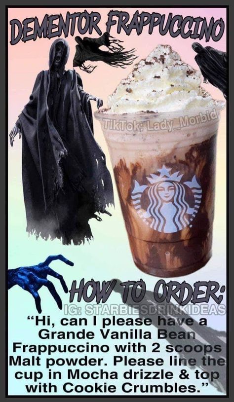 Starbucks Drinks Harry Potter, Halloween Starbucks Drinks, Starbucks Halloween Drinks, Starbucks Frappuccino Recipe, Starbucks Drink Menu, Starbucks Secret Menu Recipes, Cold Starbucks Drinks, Starbucks Drinks Diy, Secret Starbucks Recipes