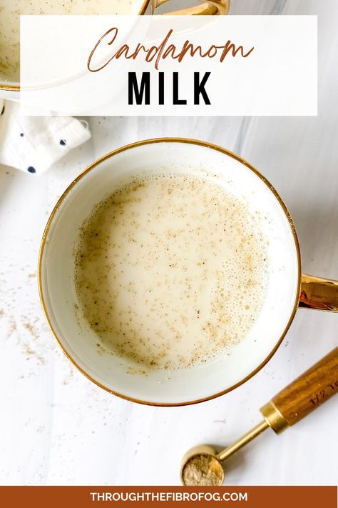 two white cups of cardamom milk next to a spoonful of cardamom. Antihistamine Recipes, Warm Milk Recipe, Ginger Lemon Honey Tea, Indian Drinks, Homemade Tahini, Fibro Fog, Tea Latte Recipe, Low Histamine Diet, Low Histamine