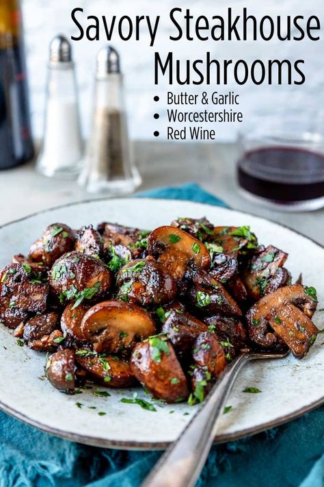 Delicious savory mushrooms sautéed and browned in a skillet and seasoned with garlic, Worcestershire, butter and red wine. Perfect side dish for a steak! You will feel like you are at a fancy steakhouse! Can also be served as an appetizer. Balsamic Roasted Mushrooms, Steakhouse Mushrooms, Honey Mustard Pork Chops, Balsamic Mushrooms, Vegetarian Bowls, Budget Bytes, Steak And Mushrooms, Egg Free Recipes, Roasted Mushrooms