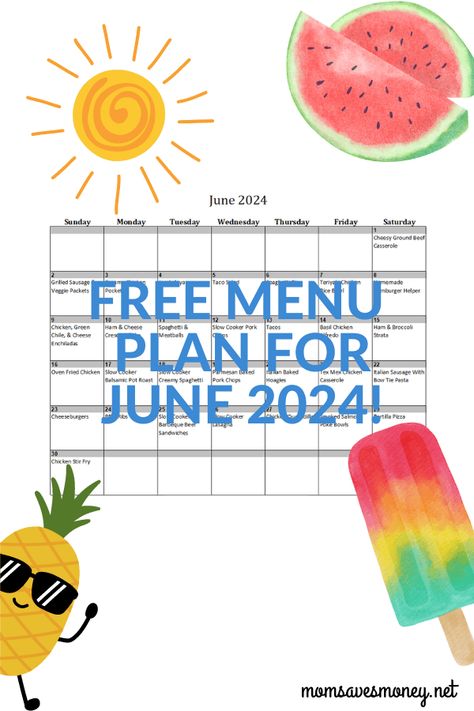 June 2024 Menu Plan - Stay Calm in the Kitchen! - Mom Saves Money Nicole Mcdonald, Meal Plan Calendar, Stem Summer Camp, Plan Calendar, Slow Cooker Kitchen, Menu Calendar, Monthly Menu, Monthly Meal Planning, Free Meal Plans