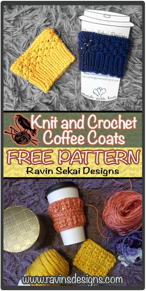 Free Pattern - Coffee Coats Pin - Ravin Sekai Designs Coffee Cozy Knitting Pattern Free, Knit Coffee Cozy, Coffee Coat, Cotton Yarn Patterns, Cup Cozy Pattern, Crochet Mug Cozy, Crochet Coffee Cozy, Crochet Cup Cozy, Dishcloth Knitting Patterns