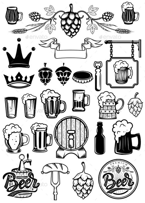 Set of design elements for beer labels. Beer mugs, hops, barrels. Vector illustration Beer Website, Craft Beer Party, Beer Drawing, Craft Beer Design, Beer Tattoos, Craft Beer Packaging, Craft Drawing, Beer Branding, Beer Illustration