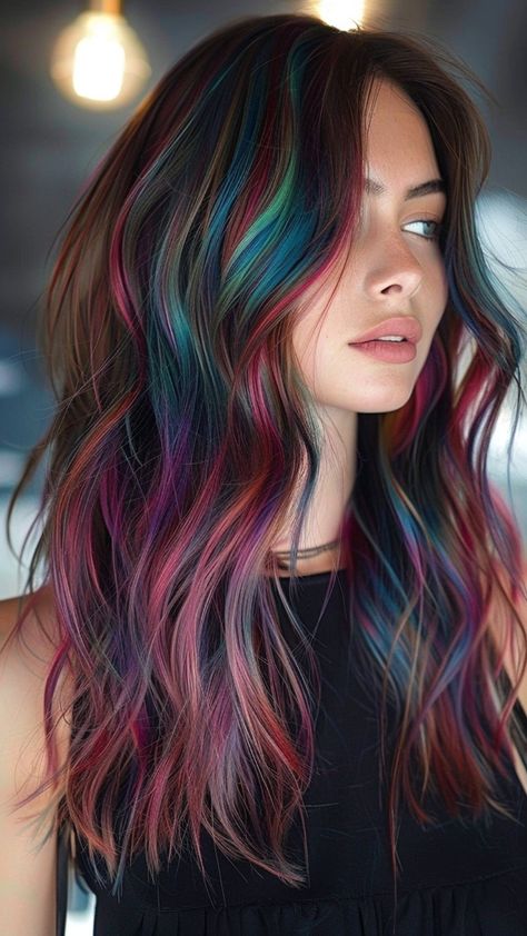 30 Game-Changing Hair Color Trends You Need to Know Subtle Rainbow Hair Brunette, Dark Brown Hair With Bright Colors, Alternate Hair Color, Cool Hair Colors For Women, Medium Length Color Ideas, Brown Hair With Fun Highlights, Dark Hair Balayage Ideas, Colorful Wedding Hair, Colored Roots With Brown Hair