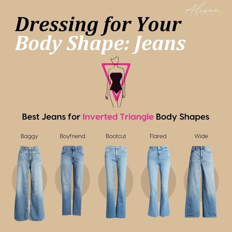 PART 3: FINDING THE PERFECT JEANS FOR YOUR BODY SHAPE Here’s how to choose the most flattering jeans for your body shape. 👇👇👇 Pear (Triangle) Shapes: Opt for jeans that highlight your waist and elongate your legs, like high-waisted bootcut or flared styles. Avoid jeans that draw attention to your hips. Inverted Triangle (Apple) Shapes: Go for jeans that add volume to your lower half, such as wide-leg or boyfriend jeans. This will help balance your broader shoulders. Hourglass (Curvy) Shap... Jeans For Triangle Body Shape, Interverted Triangle Body Shape, Short Inverted Triangle Outfits, Midsize Inverted Triangle, Stk Steakhouse Outfit, Inverted Triangle Aesthetic, Clothing For Inverted Triangle Body Type, Celebrities With Inverted Triangle Shape, Casual Outfits For Inverted Triangle Body Shape