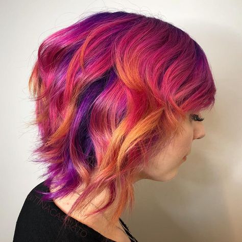 Pink Fire Hair. Pink, purple, orange and yellow hair. Pulp Riot Hair Color Magenta And Yellow Hair, Purple Orange Hair, Purple And Orange Hair, Orange And Yellow Hair, Haircolour Ideas, Purple Hairstyles, Galaxy Hair Color, Sunset Hair Color, Mlp Human