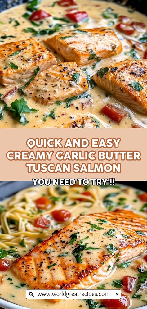 Indulge in the rich flavors of Decadent Creamy Garlic Butter Tuscan Salmon. This elegant dish combines fresh salmon fillets with a velvety garlic butter sauce, enhanced by vibrant spinach and tangy sun-dried tomatoes. Ideal for impressing dinner guests or enjoying a cozy night in, this recipe is both simple and sophisticated. Pair with a glass of Chardonnay and watch everyone savor every bite! Salmon Cream Sauce Recipes, Tuscan Salmon With Sundried Tomatoes, One Dish Salmon Dinner, Best Salmon Dinner Recipes, Salmon In White Sauce Cream, Creamy Garlic Butter Tuscan Salmon, Creamy Fish Sauce Recipes, Salmon Sunday Dinner Ideas, Salmon With White Wine Sauce