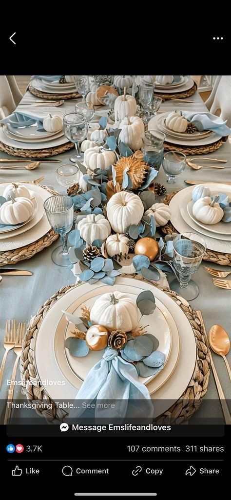 Blue Thanksgiving Table, Gold Thanksgiving Table, Blue Thanksgiving, Grey Pumpkin, Thanksgiving Table Decorations, Fall Halloween Decor, Fall Table, Christmas Love, Thanksgiving Table