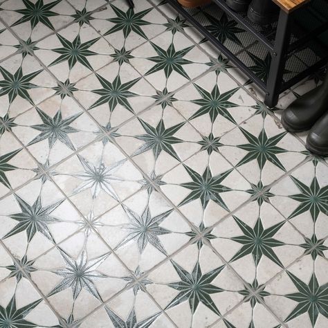 Green Star Tiles, Dark Green Tile Bathroom Floor, Maximalist Flooring, Front Step Tiles, Fun Kitchen Floor, Green Bathroom Floor Tiles, Colorful Tile Bathroom, Star Floor Tiles, Green Patterned Tile