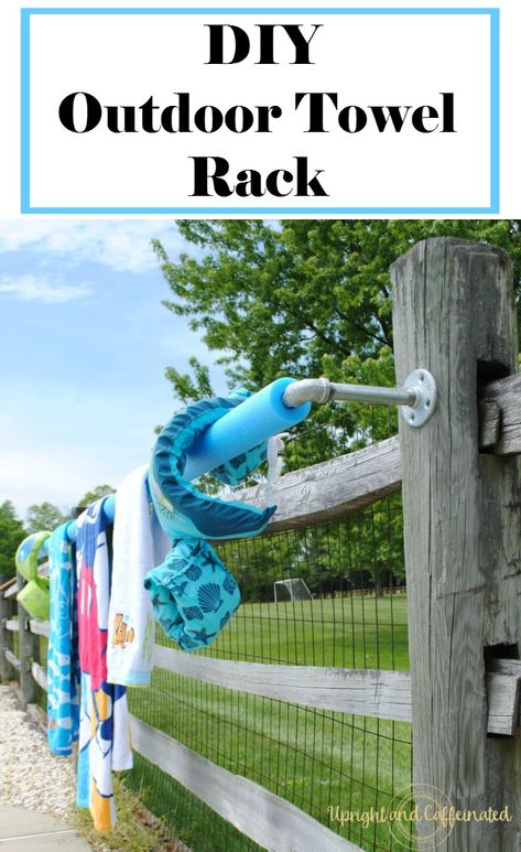 Pool Towel Rack Diy, Outdoor Towel Rack, Pool Organization, Pool Towel Holders, Towel Rack Pool, Diy Towel Rack, Simple Pool, Pool Diy, Pool Storage