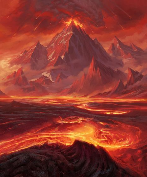 Fantasy Volcanic Landscape, Fire World Fantasy Art, Fire Kingdom Fantasy Art, Fantasy Volcano, Fire Kingdom, Fire Landscape, Environment Painting, Mountain Silhouette, Mtg Art