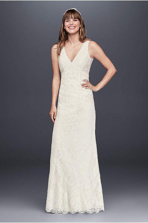 7KP3783 V Neck Sheath Wedding Dress, Galina Wedding Dress, Wedding Dresses Sheath, Layered Wedding Dresses, Floral Lace Wedding Dress, Sheath Wedding Dress Lace, Empire Wedding Dress, Davids Bridal Wedding Dresses, V Neck Wedding Dress