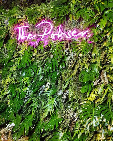 Artificial Green Wall, Neon Jungle, Red And White Flowers, Wedding Photo Booth, Neon Wedding, Photo Booth Backdrop, Jungle Theme, Salon Design, Booth Design