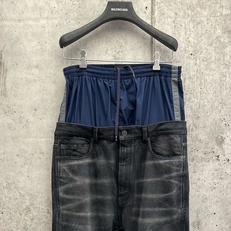 mfw o_o on Instagram: "New: Layered Jeans from Balenciaga Spring25   Trompe L’Œil effect, mimicking wearing two bottoms at once  Demna first did this concept for Balenciaga Fall21, with layered sweatpants, which are now very popular  These denim are flared and tucked into the Giant Boot on the runway All of these pairs are available for pre-order now Photos are mine  #demna #demnagvasalia #balenciaga #shanghai" Diy Life Hacks, Shanghai, Order Now, Pre Order, Balenciaga, Life Hacks, Sweatpants, Boots, How To Wear