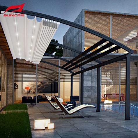 Waterproof Custom Motorized Outdoor Pergola with Side Retractable Roof Aluminum Modern Bioclimatic Retractable Pergola https://m.alibaba.com/product/1600464939174/Waterproof-Custom-Motorized-Outdoor-Pergola-with.html?__sceneInfo={"cacheTime":"1800000","type":"appDetailShare"} Pergola Diy, Pergola Curtains, Retractable Pergola, Pergola Design, Pergola Attached To House, Aluminum Pergola, Patio Shade, Backyard Pergola, Pergola With Roof