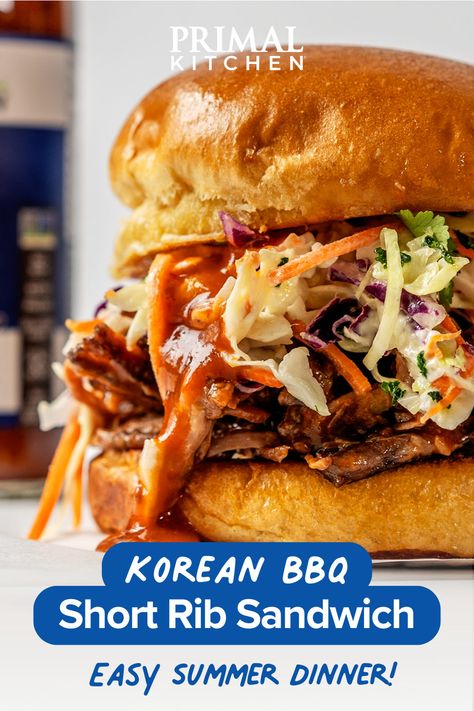 Yum... Short ribs, long-lasting 🍖 This mouthwatering sandwich recipe is made with our tangy, savory, spicy-sweet Korean BBQ Sauce for a gluten-free, soy-free meal that will make your taste buds pop. Find Korean BBQ 2-pack at your local Costco! Flanken Ribs, Short Rib Sandwich, Bbq Beef Ribs, Boneless Beef Short Ribs, Korean Bbq Beef, Bbq Short Ribs, Rib Sandwich, Korean Bbq Restaurant, Korean Bbq Sauce