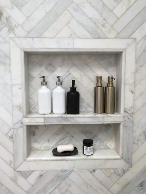 Herringbone wall and niche, trim detail Herringbone Wall, Master Shower, Master Bath Remodel, Shower Niche, Herringbone Tile, Upstairs Bathrooms, Bathroom Redo, Dream Bathrooms, Bathroom Renos