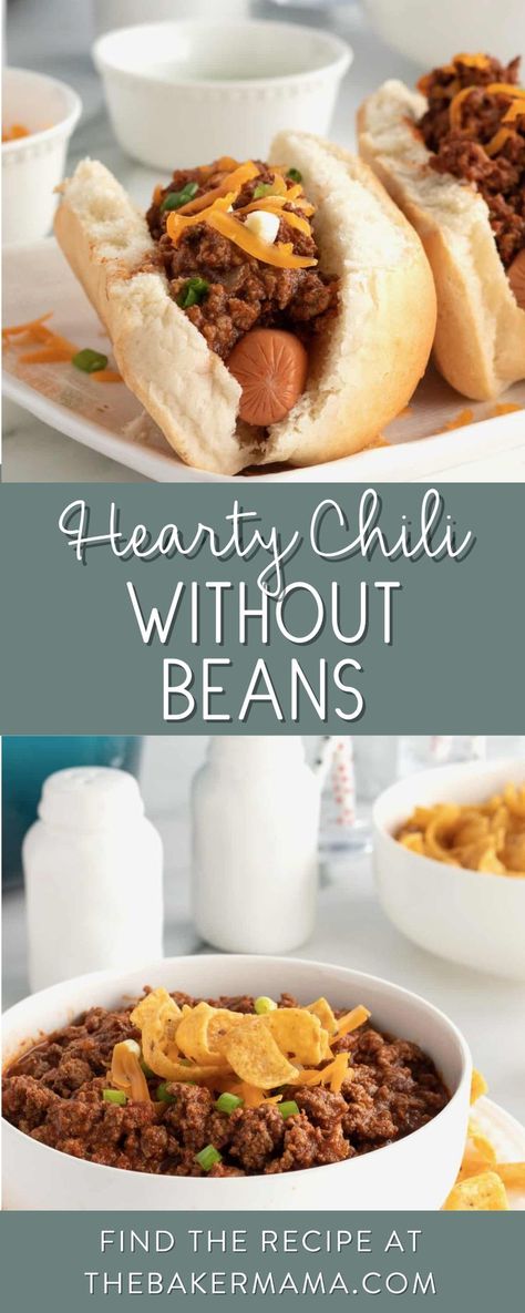 No Bean Chili Recipe, Chili Baked Potato, Chicken Chili Recipe Easy, Chili Dog Chili Recipe, Easy Chicken Chili, Chili Without Beans, Best Lunch Recipes, Meat Chili, Chili Dog