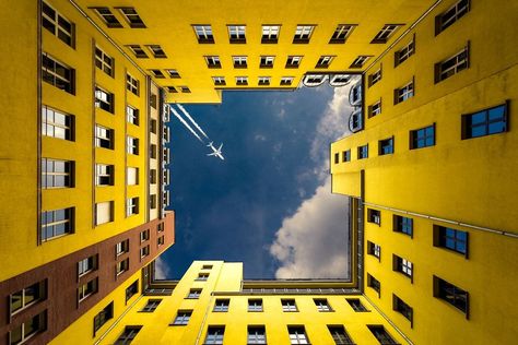 Photography Club, Yellow Wallpaper, Yellow Aesthetic, Inner City, Mellow Yellow, Beautiful Architecture, Amazing Architecture, Architecture Photography, Looking Up