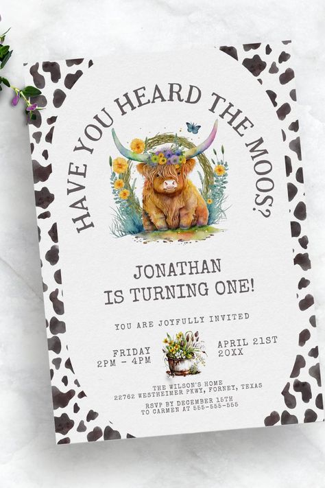 Have You Heard the Moos Cow Print 1st Birthday Invitation Cow One Year Birthday, Cow Themed 1st Birthday Party, Cow Print 1st Birthday, 1st Birthday Party Boy, Birthday Party Boy, Cow Birthday Parties, Themed 1st Birthday, One Year Birthday, Cow Birthday