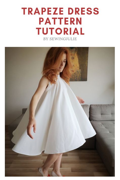 Learn how to draft a pattern for a trapeze or circle dress. Tutorial by SewingJulie Circle Dress Pattern How To Make, Circular Dress Pattern, Circle Dress Outfit, Triangle Dress Pattern, Halterneck Dress Pattern, Drafting Dress Patterns, Cut Out Dress Pattern, Trapeze Dress Pattern, Diy Evening Dress