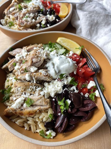 Greek Chicken Orzo Bowls Greek Chicken Orzo Power Bowl, Chicken Orzo Bowl, Greek Bowls Healthy, One Balanced Life Recipes, Greek Chicken Orzo Bowl, Orzo Bowls, Orzo Bowl, Greek Chicken Orzo, Orzo Rice