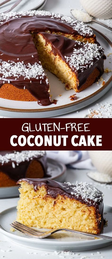 Easy Gluten Free Coconut Cake - This amazing gluten free coconut cake is easy to whip up and it’s guaranteed to be a huge hit with any coconut lover. It has the most incredible, intense coconut flavour thanks to an abundance of desiccated coconut in the batter, as well as a buttery, soft, tender crumb. The chocolate ganache glaze on top makes it even more luxurious and it’s the perfect finishing touch for this cosy cake. Gluten free cake recipes. Easy cake recipes. Gluten free desserts. Gluten Free Cakes Recipes, Cake Recipes Gluten Free, Gluten Free Cake Recipes Easy, Gluten Free Cake Recipes, Gluten Free Coconut Cake, The Loopy Whisk, Loopy Whisk, Ganache Glaze, Chocolate Ganache Glaze