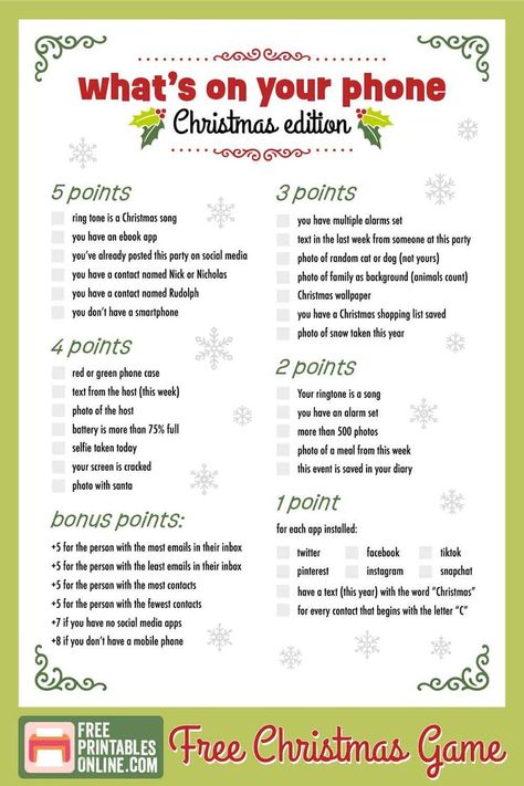 contains a mockup of a points based Christmas game dependant on what you do or don't have on your cell phone. Friendmas Party Ideas Food, Party Bus Games, Friendmas Party Ideas, Christmas Games Printable, Christmas Concert Ideas, Christmas Party Games For Groups, Fun Holiday Games, Christmas Party Activities, Xmas Games